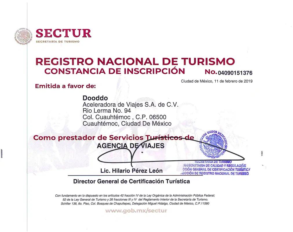 Certificado SECTUR Dooddo